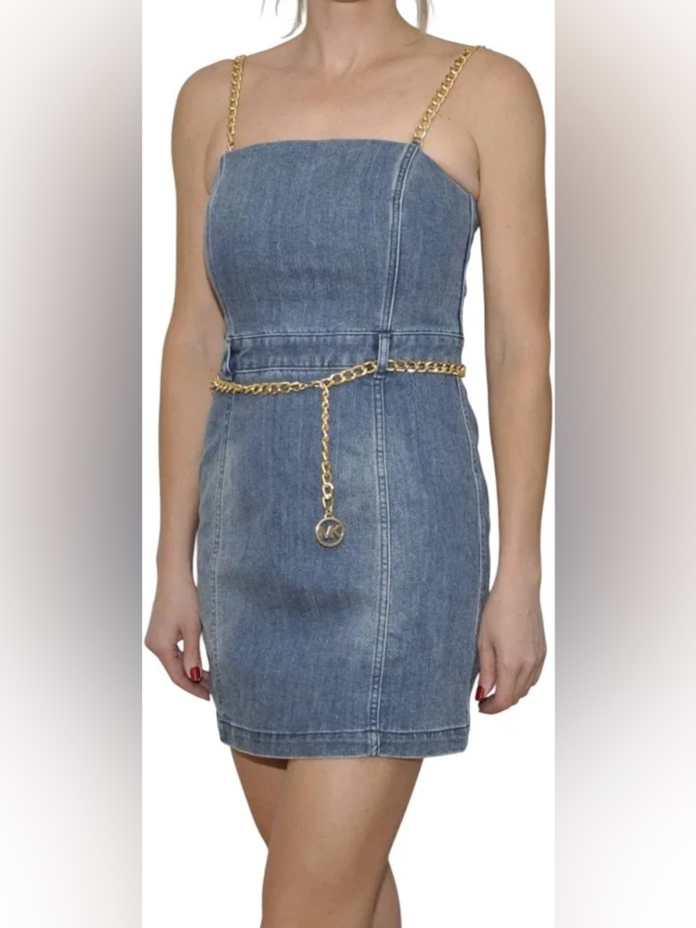 Michael Kors Blue Denim Mini Dress with Gold Chain Trim